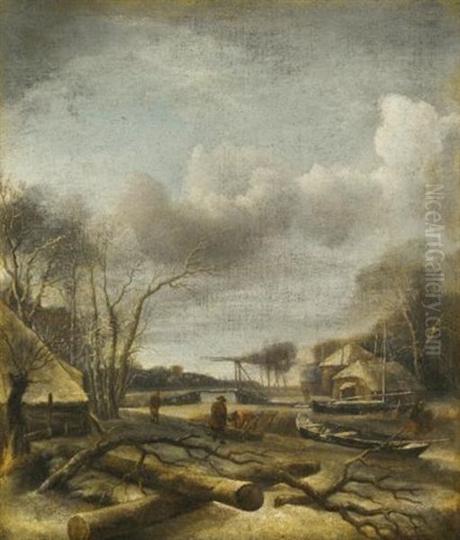 Winter Landscape With A Man Fixing A Sled At The Edge Of A Frozen River Oil Painting by Jan Van De Cappelle