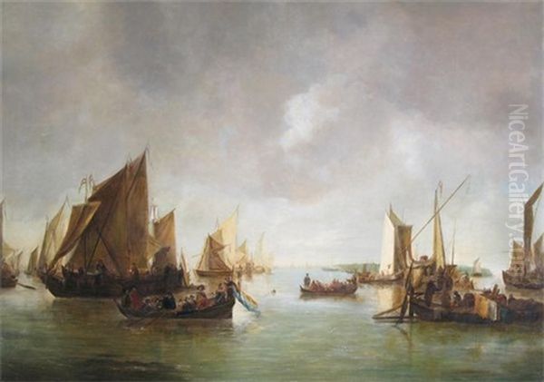 A Busy Estuary With Numerous Vessels And An Elegant Company In A Lighter Oil Painting by Jan Van De Cappelle