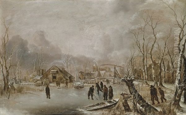 Winter Landscape With Skaters And Kolf Players On A Frozen Waterway By A Village Oil Painting by Jan Van De Cappelle