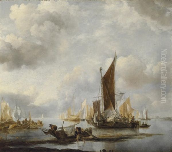 A Calm Sea With Ships Near The Shore Oil Painting by Jan Van De Cappelle