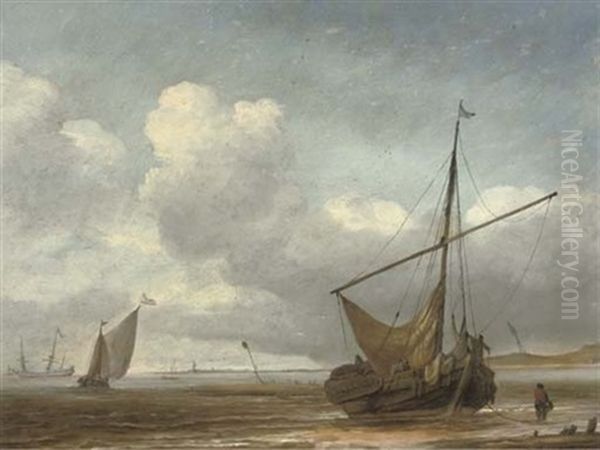 A Fishing Boat Moored On A Beach, Other Sailing Vessels And A Town Beyond Oil Painting by Jan Van De Cappelle