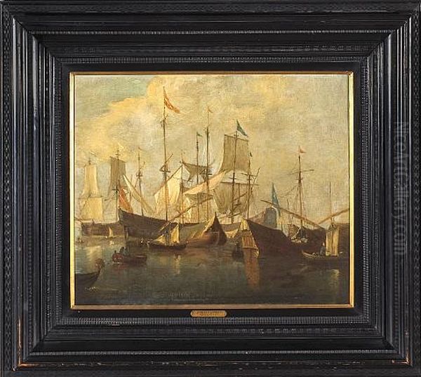 A Busy Harbor Scene Oil Painting by Jan Van De Cappelle