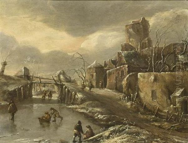 A Winter Landscape With Skaters On The Ice, A Town Beyond Oil Painting by Jan Van De Cappelle