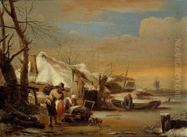 Winterlandschaft Mit Einem Dorf An Einem Zugefrorenen Wasserlauf Und Bauern Oil Painting by Jan Van De Cappelle