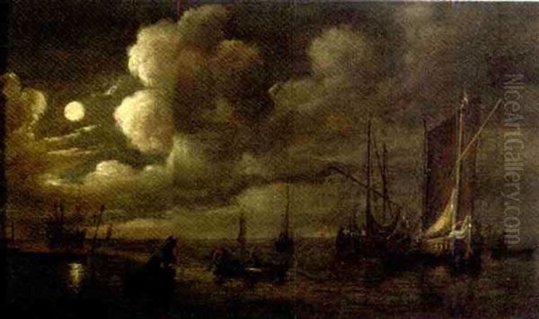 A Moonlit Seascape With Fishermen At Work In Their Boats Oil Painting by Jan Van De Cappelle