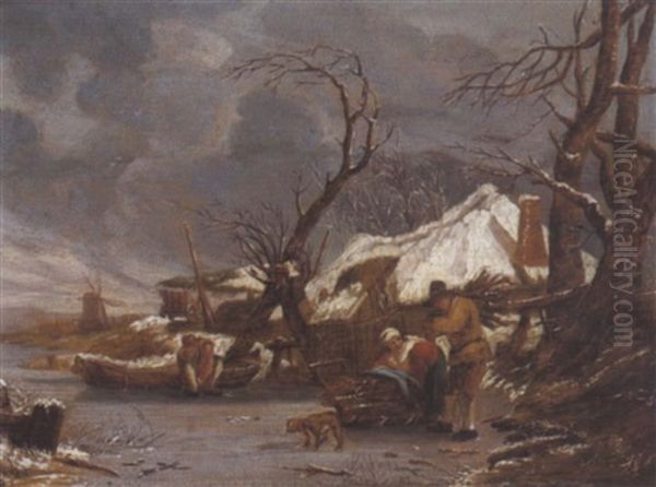 Winterlandschaft Mit Bauern Bei Einem Schlitten Oil Painting by Jan Van De Cappelle