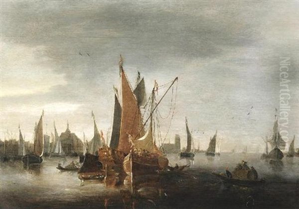 Zahlreiche Segelschiffe Auf Dem Wasser Vor Einer Hollandischen Hafenstadt (rotterdam?) Oil Painting by Jan Van De Cappelle