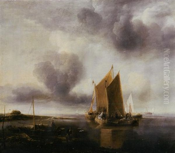 Two Smalschips And Other Shipping Off A Sandbank In A Calm Oil Painting by Jan Van De Cappelle