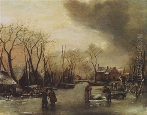 Paysage De Neige Avec Villageois Brisant La Glace Oil Painting by Jan Van De Cappelle