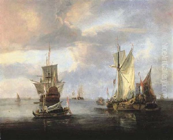 An Estuary At Sunset With A States Yacht  Firing A Salute As A Three-master Is About To Anchor Oil Painting by Jan Van De Cappelle