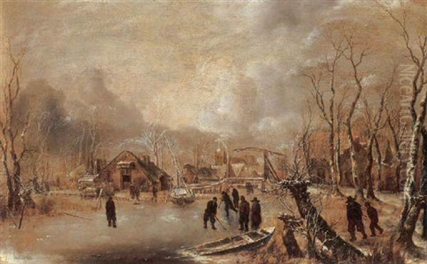 A Winter Landscape With Skaters And Kolf Players On A Frozen Waterway By A Village Oil Painting by Jan Van De Cappelle