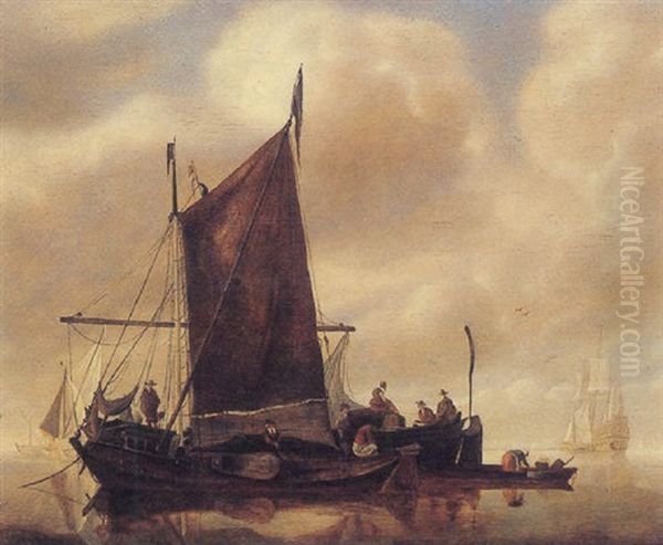 Ships In A Calm Sea Oil Painting by Jan Van De Cappelle