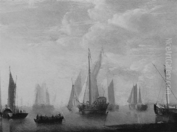 Calm Sea With Many Ships Oil Painting by Jan Van De Cappelle