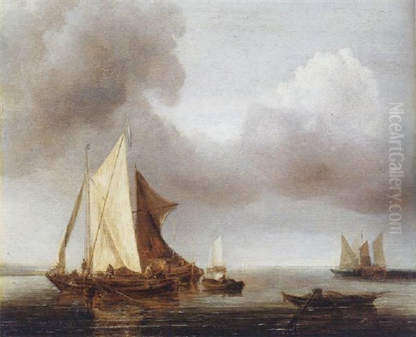 A Calm: Smalschepen At Anchor On A Cloudy Day Oil Painting by Jan Van De Cappelle