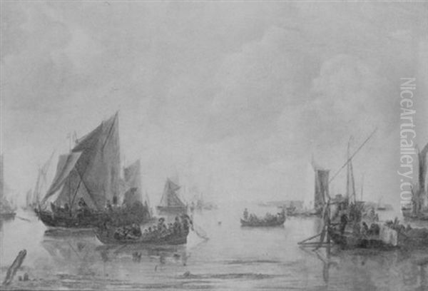 Dutch Vessels On An Estuary With Figures In A Ferry Oil Painting by Jan Van De Cappelle