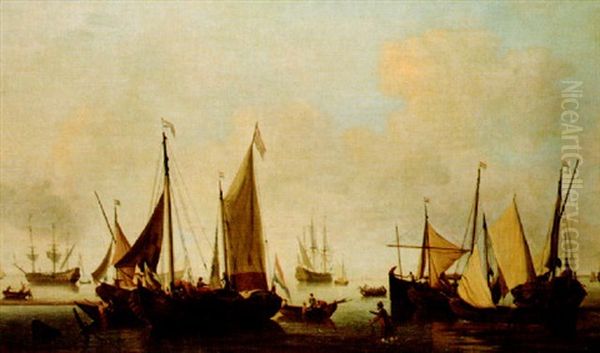 Shipping And Small Craft In A Calm In Coastal Waters Oil Painting by Jan Van De Cappelle