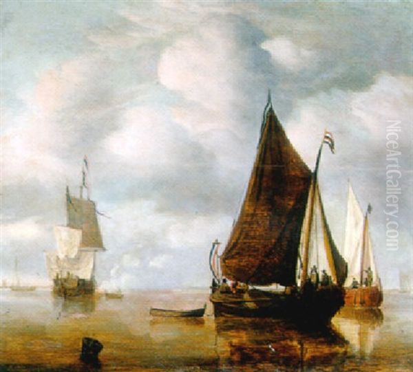 A Calm: A Dutch Wijdschip At Anchor In An Estuary With A Threemaster Firing A Salute Beyond Oil Painting by Jan Van De Cappelle