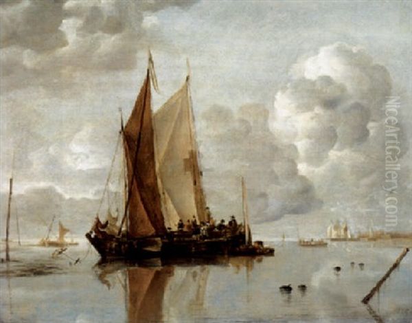 Shipping In Calm Waters Off An Estuary, A Harbor Town In The Distance Oil Painting by Jan Van De Cappelle