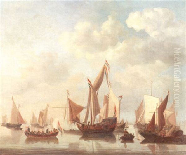 Segelschiffe Vor Einer Hafenstadt In Ruhiger See Oil Painting by Jan Van De Cappelle