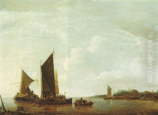 A Calm With Kaags Moored Inshore Oil Painting by Jan Van De Cappelle