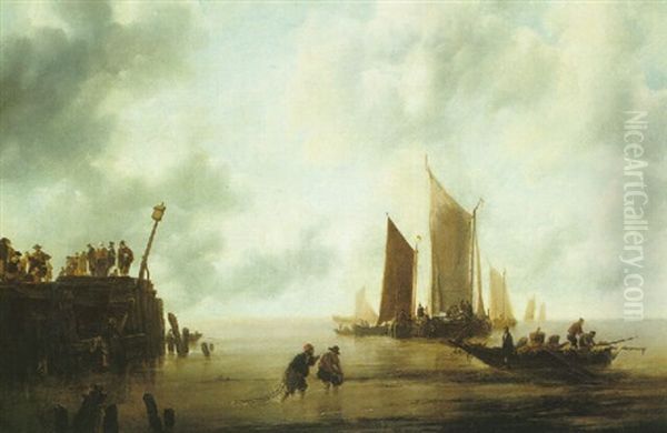 A Seascape With Fishermen And Figures On A Pier Oil Painting by Jan Van De Cappelle