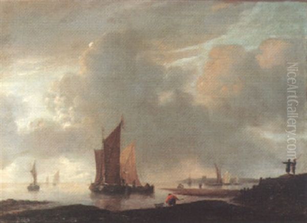 Coastal Town Scene With Smalschips In A Calm Oil Painting by Jan Van De Cappelle