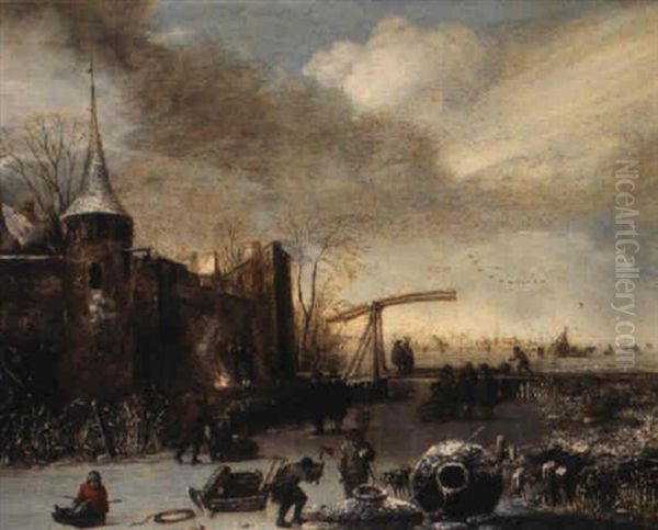 Winter Landscape With A Castellated Manor House And Figures On Ice Oil Painting by Jan Van De Cappelle