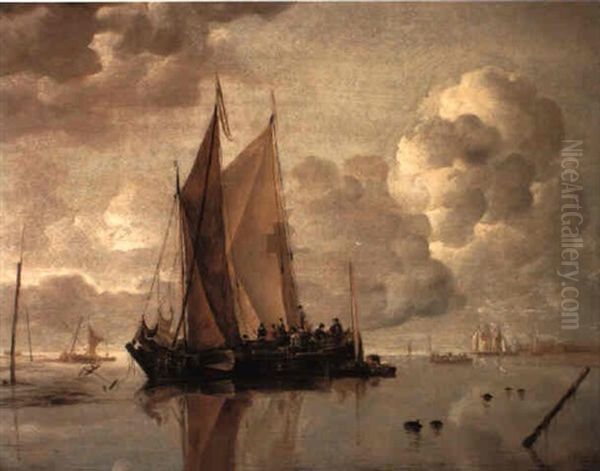 Shipping In Calm Waters Of An Estuary, A Harbor Town In The Distance by Jan Van De Cappelle