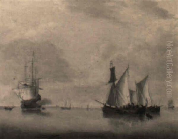 A Calm: A Three-master Firing A Salute Towards Sailing Vessels At Anchor Oil Painting by Jan Van De Cappelle