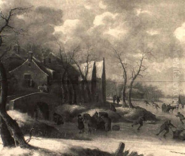 A Village By A River In Winter With Skaters And Horse-drawn Sledges Oil Painting by Jan Van De Cappelle