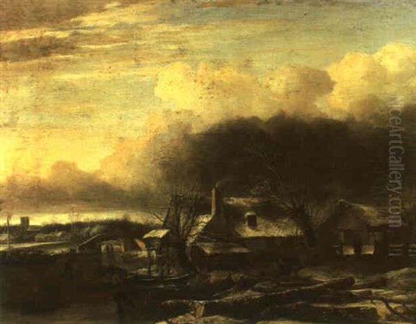 Winter Landscape With A Man Gathering Faggots On A Frozen Pond Oil Painting by Jan Van De Cappelle