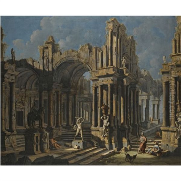 An Architectural Capriccio With A Statue Of Hercules And Figures In Classical Costume Oil Painting by Pietro Cappelli