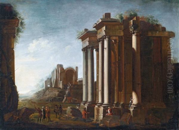 Ruinencapriccio Mit Figurenstaffage, Im Hintergrund Die Apsis Des Tempels Von Venus Und Roma - Capriccio Architettonico Oil Painting by Pietro Cappelli