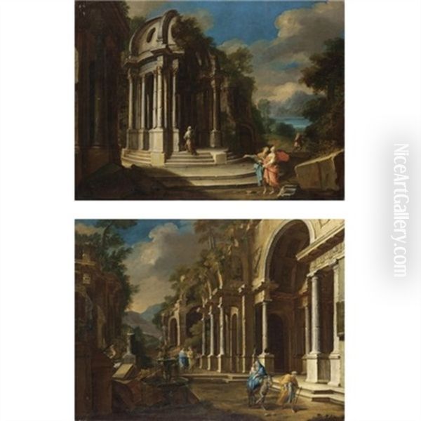 Capriccio Architettonico Con Figure (+ Capriccio Architettonico Con La Fuga In Egitto; Pair) Oil Painting by Pietro Cappelli