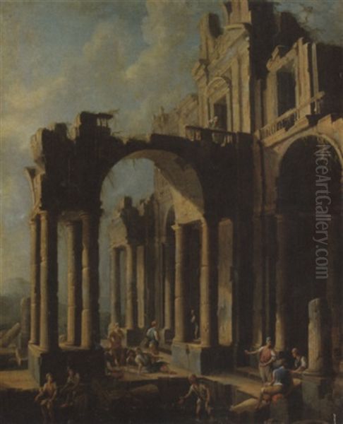 Peasants Amongst Classical Ruins Oil Painting by Pietro Cappelli