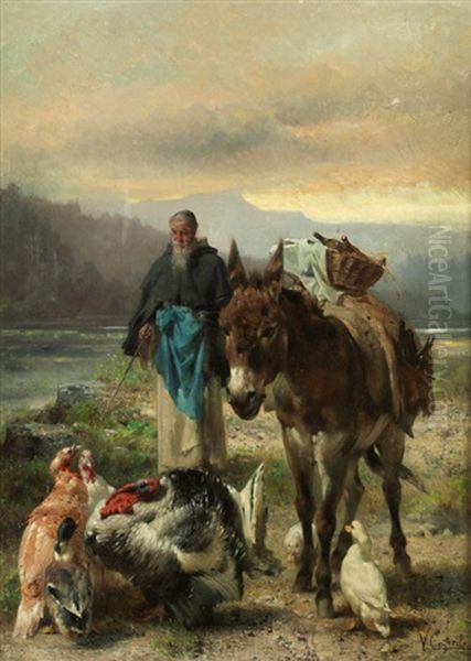 Monch Mit Einem Esel Beim Heimtrieb Von Federvieh Oil Painting by Vincenzo Caprile