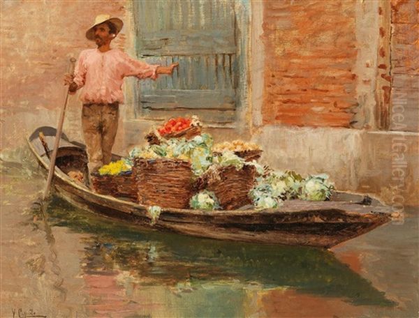 A Vegetable Seller In Venice Oil Painting by Vincenzo Caprile