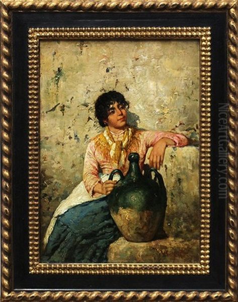 Young Girl In Repose With A Jug Oil Painting by Vincenzo Caprile