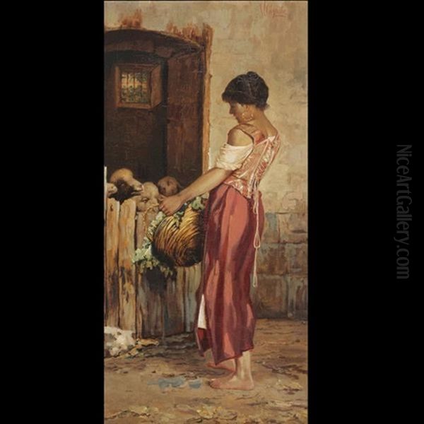 Peasant Girl With Sheep Oil Painting by Vincenzo Caprile