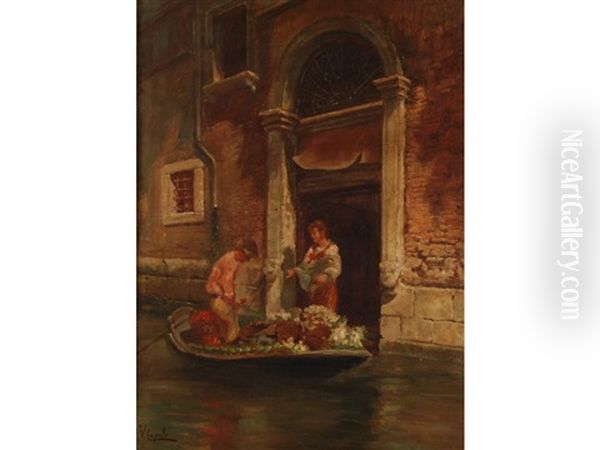 Venetian Backwater Oil Painting by Vincenzo Caprile