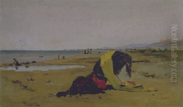 La Spiaggia A S.benedetto Del Tronto Oil Painting by Vincenzo Caprile