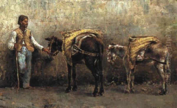 Peasant And His Donkeys Oil Painting by Vincenzo Caprile