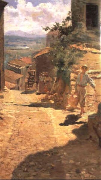 Scorcio Di Paese Con Popolane E Acquaiolo Oil Painting by Vincenzo Caprile