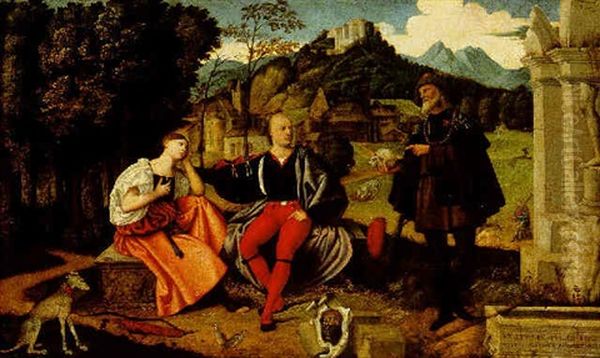 A Pair Of Lovers And A Pilgrim In A Landscape Oil Painting by Domenico di Bernardino Capriolo