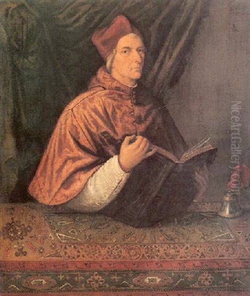 Portrait Of Cardinal Domenico Grimani (1461-1523), Seated   Three Quarter Length, Holding A Book Before A Table Oil Painting by Domenico di Bernardino Capriolo