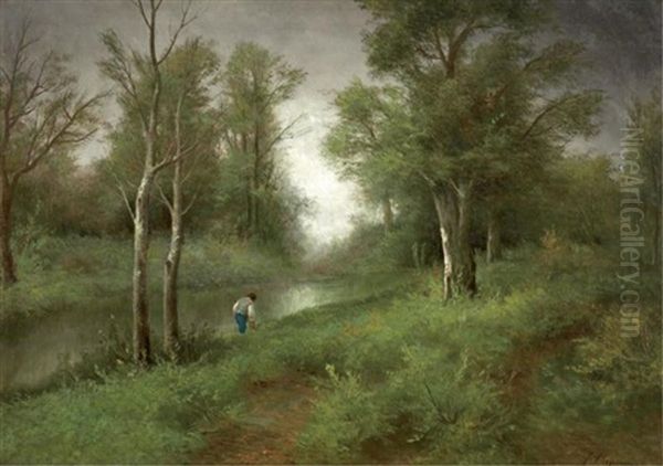 Figure Fishing Along Forest Stream Oil Painting by Francesco Capuano