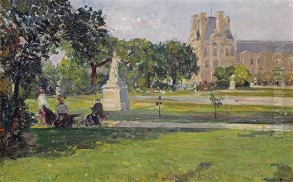 A Quiet Afternoon In The Tuileries Gardens, With A View Of The Louvre, Paris Oil Painting by Ulisse Caputo