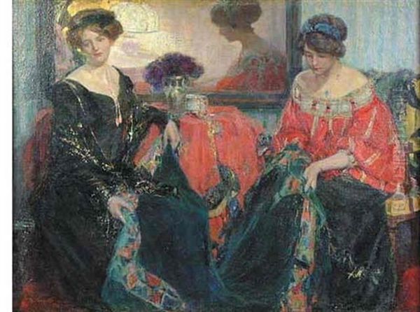 Two Women Seated At An Interior Table Oil Painting by Ulisse Caputo