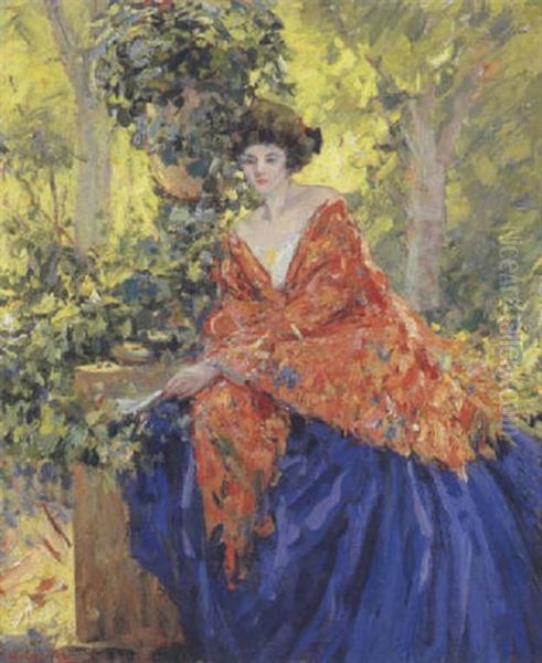 Lo Scialle Rosso (lettura Nel Parco) Oil Painting by Ulisse Caputo