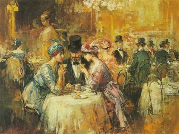 Elegant Ladies In A Parisian Cafe Oil Painting by Ulisse Caputo